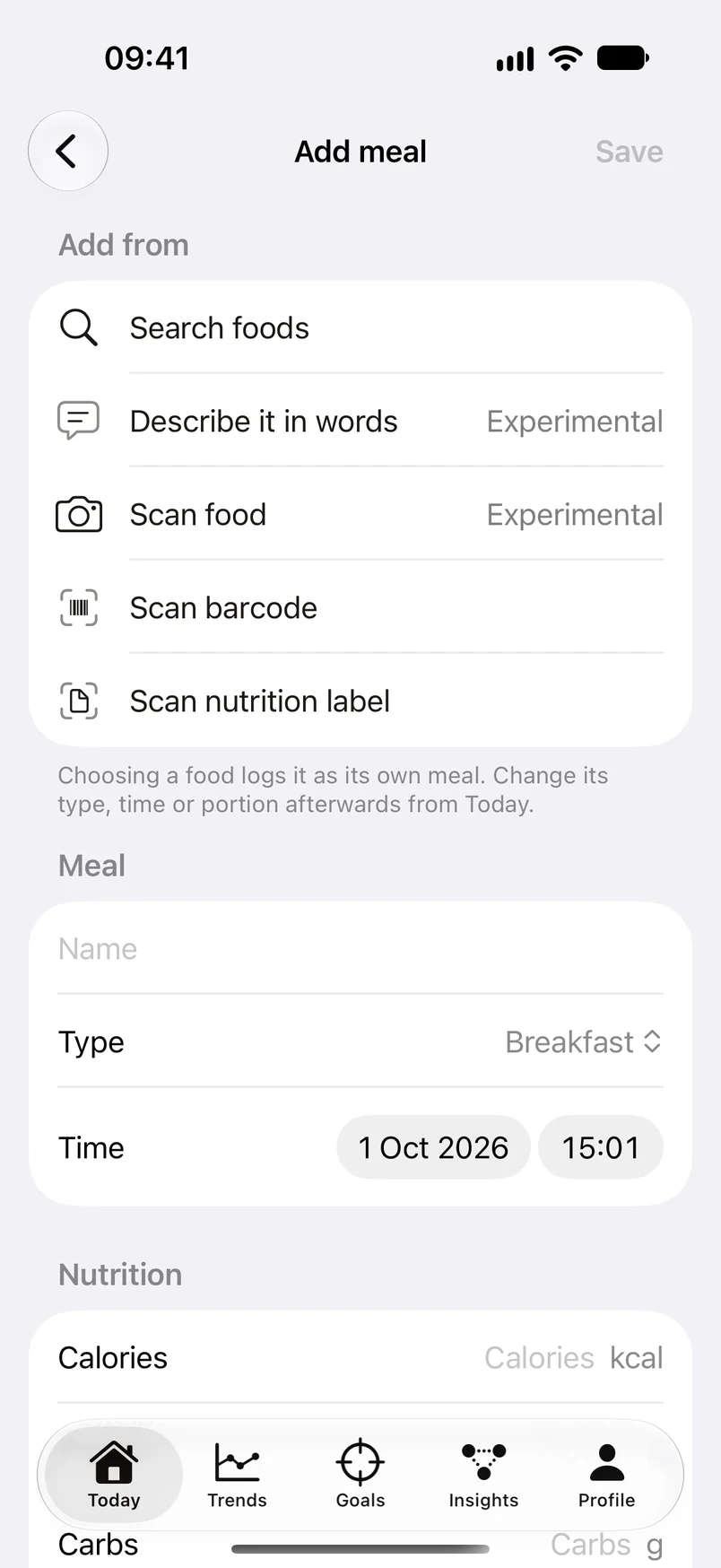 Nutri Add meal screen: Search foods, Describe it in words, Scan food, Scan barcode and Scan nutrition label, with meal details and nutrition fields below.