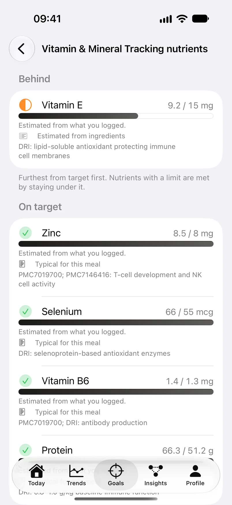 Nutri Vitamin and Mineral Tracking goal: vitamin E behind at 9.2 of 15 mg, while zinc 8.5 of 8 mg, selenium 66 of 55 mcg, vitamin B6 1.4 of 1.3 mg and protein 66.3 of 51.2 g are on target.