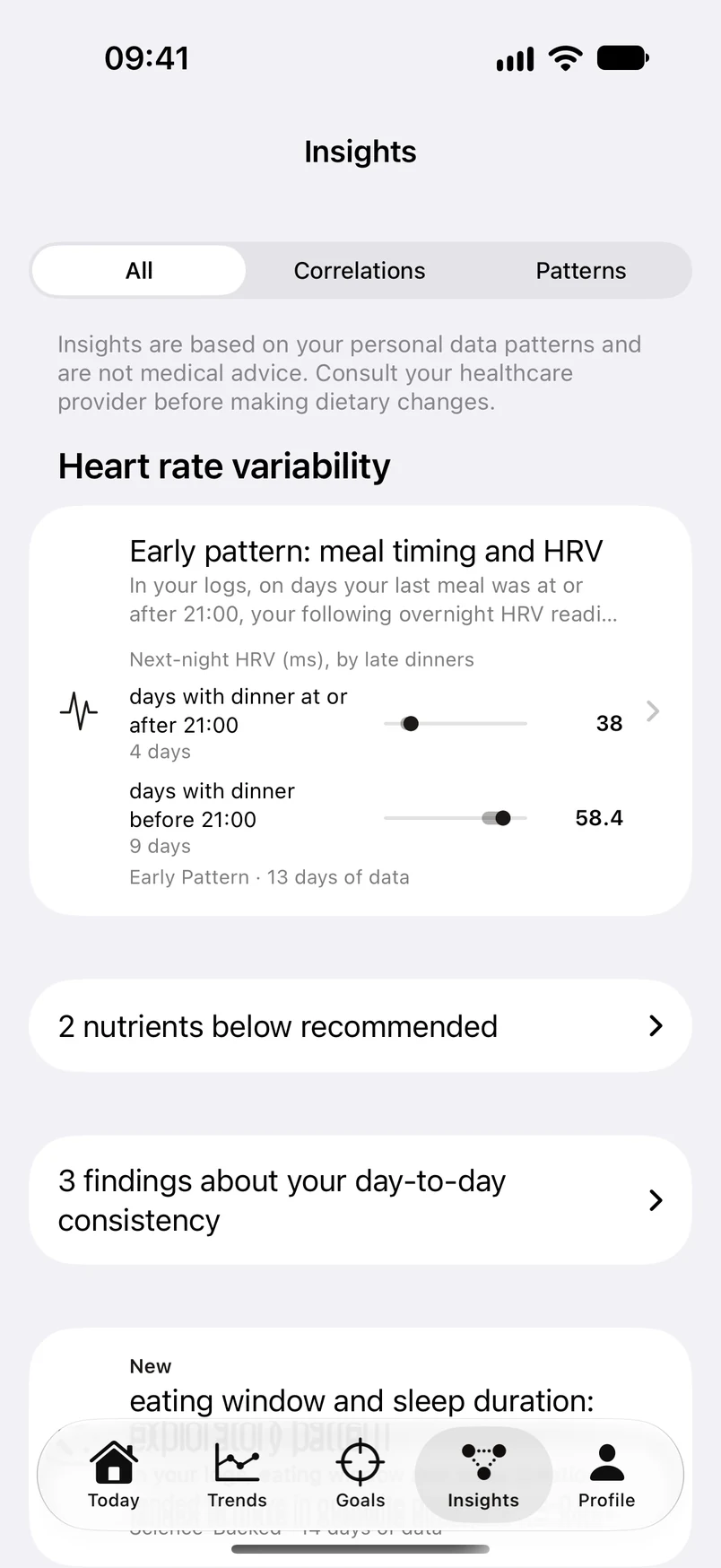 Nutri Insights tab: an early pattern card on meal timing and HRV with 13 days of data. Rows below list 2 nutrients below recommended, 3 findings about day-to-day consistency, and a new eating window and sleep duration finding.