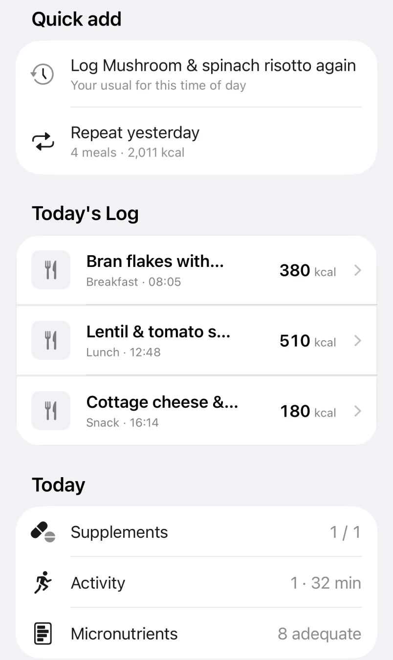 Nutri Today screen scrolled to Today’s Log: bran flakes 380 kcal at 08:05, lentil and tomato soup 510 kcal at 12:48, cottage cheese and pineapple 180 kcal at 16:14.